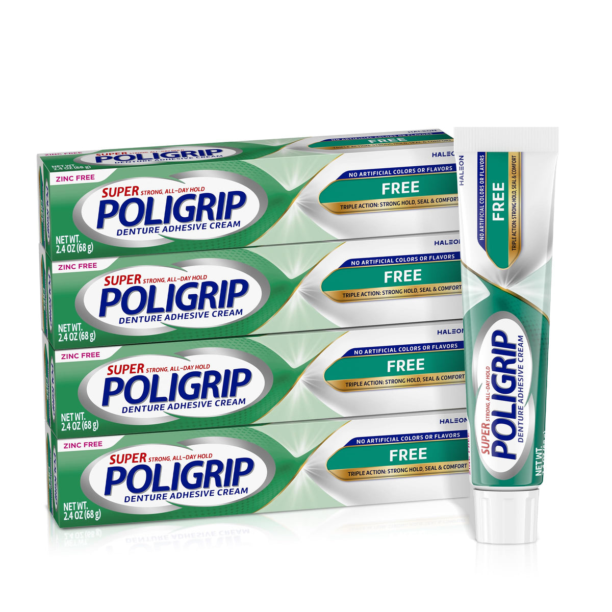 Poligrip Free frente del tubo mostrando el envase y beneficio de sujeción