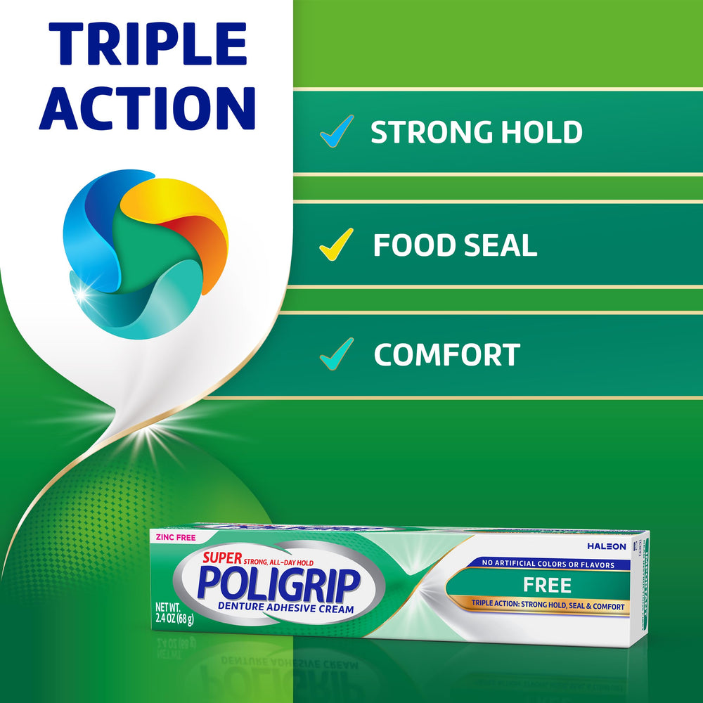 Poligrip Free textura de la crema saliendo del tubo, fácil aplicación