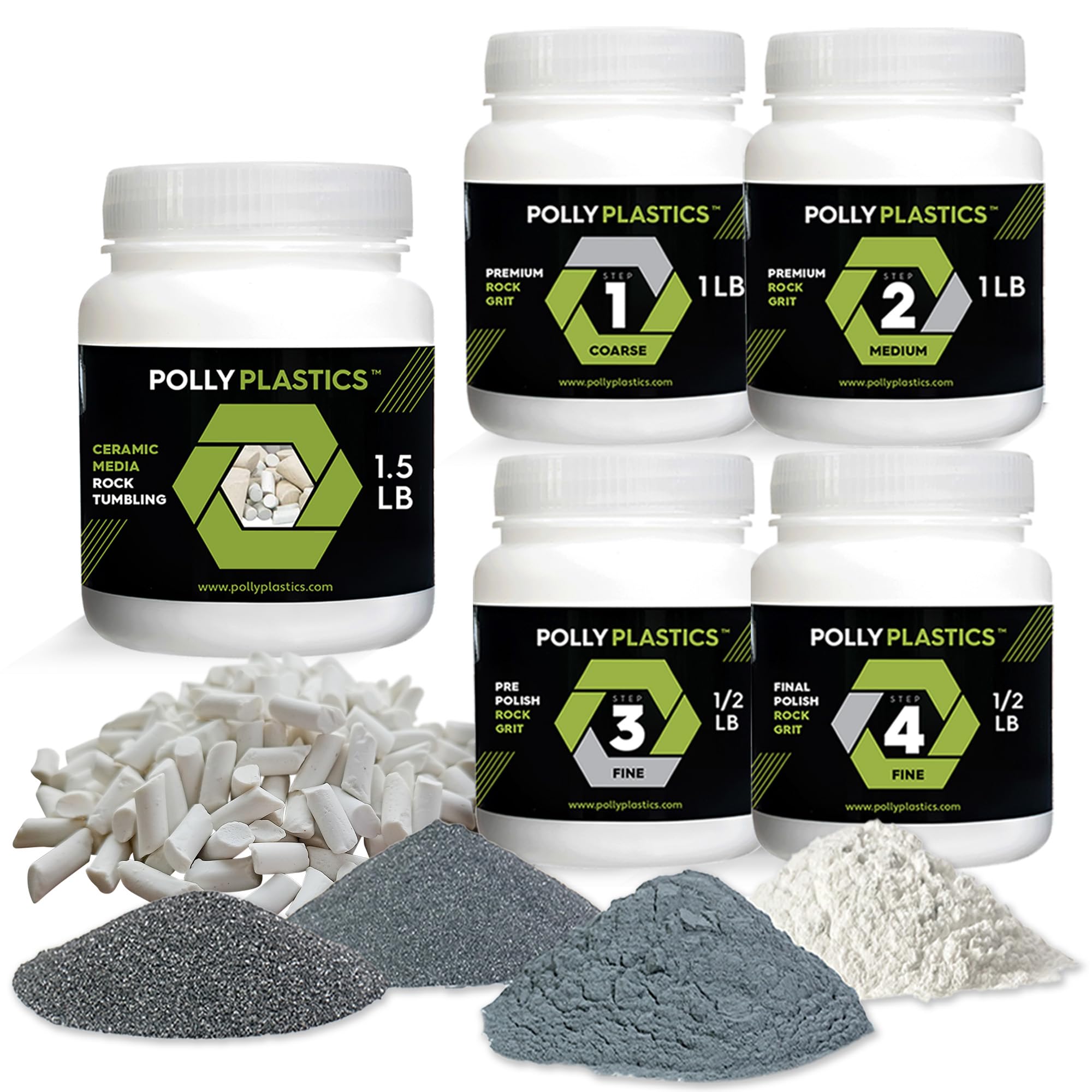 Polly Plastics envases frontales de grits mostrando las cuatro etapas y facilidad de uso