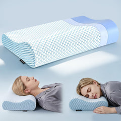 Polovo almohada frontal en azul mostrando forma ergonómica y soporte