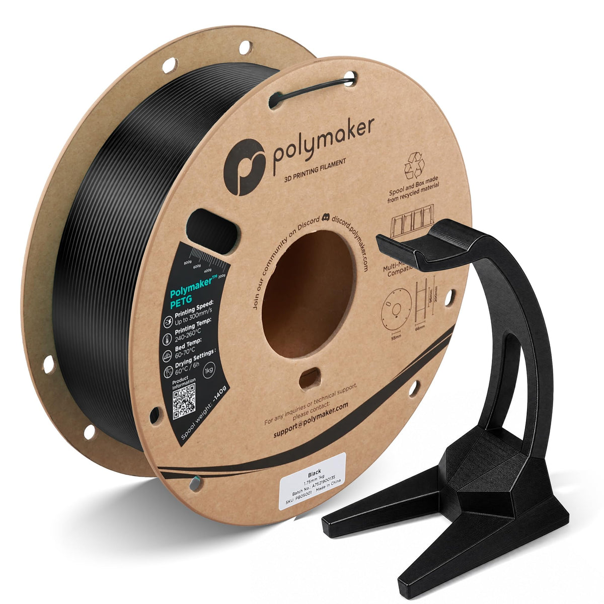 Polymaker bobina frontal negra mostrando etiqueta y diámetro consistente