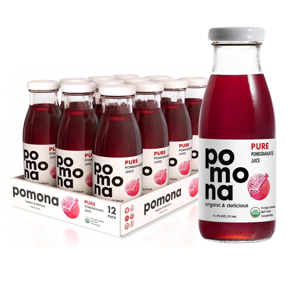 Pomona Organic Juices botella frontal de granada mostrando etiqueta y vidrio