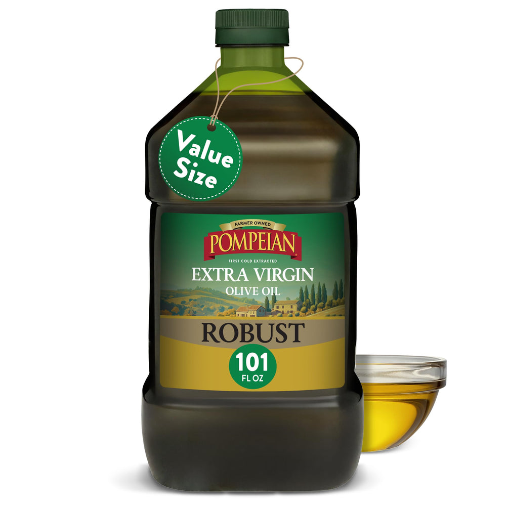 Pompeian frente de botella 3 L mostrando diseño y volumen para uso frecuente