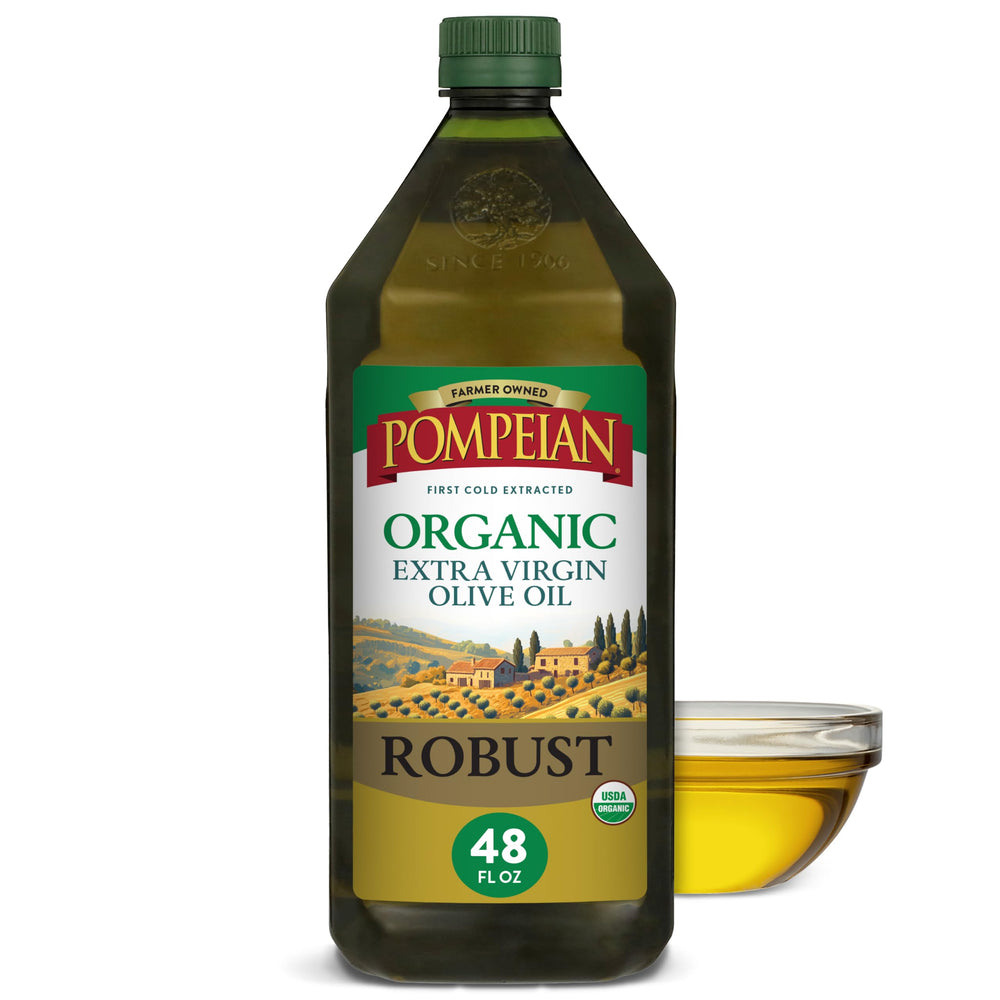 Pompeian frente del envase 48 fl oz, claridad de marca y uso prolongado