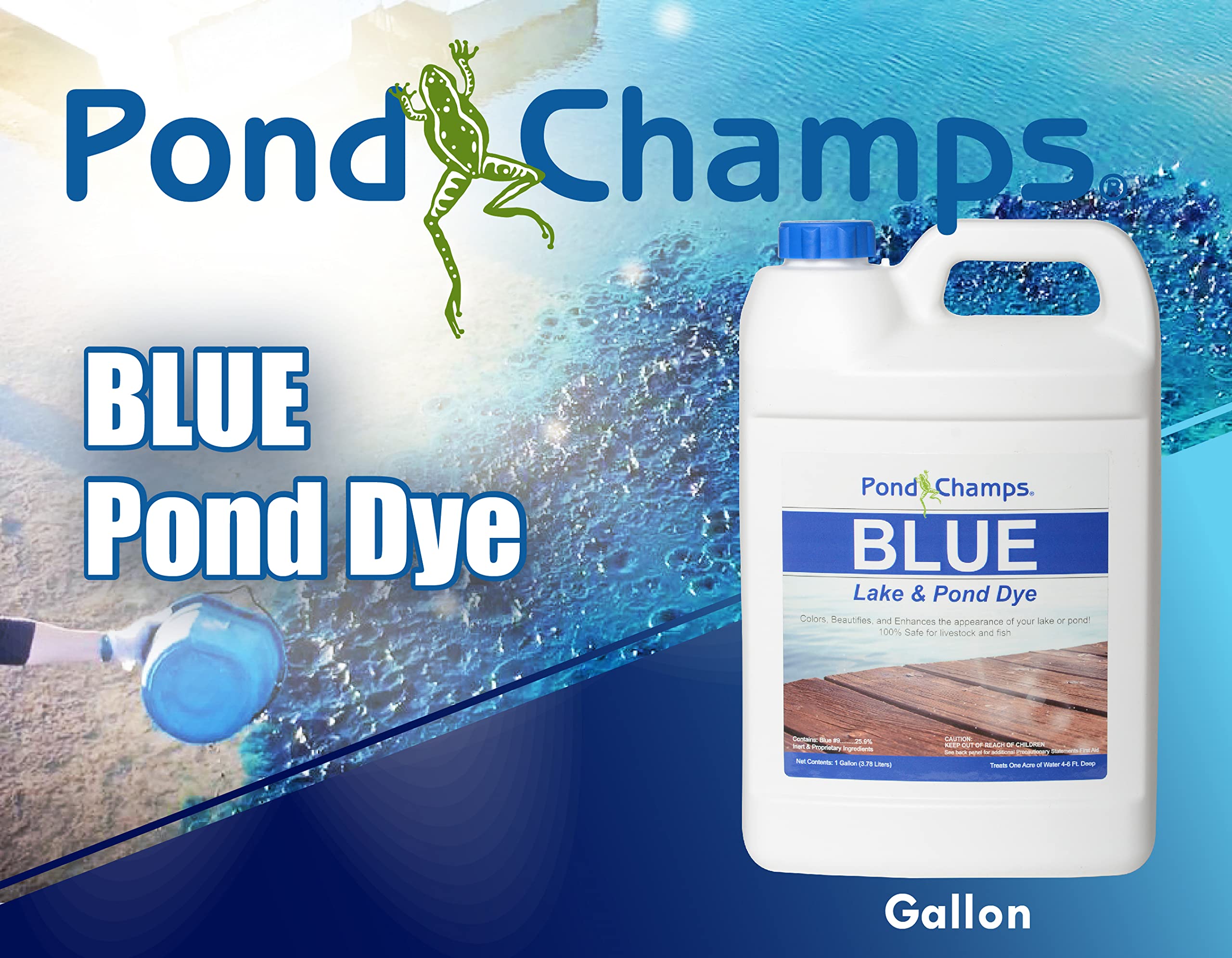 Pond Champs detalle del líquido azul mostrando textura y cobertura