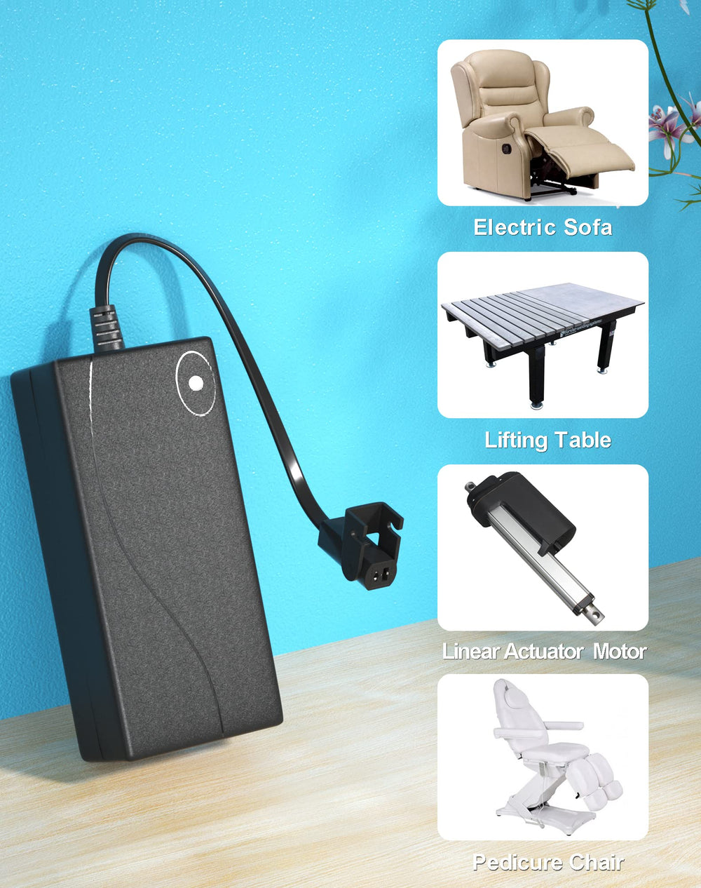 Ponkor instalado en sillón reclinable en uso, alimenta elevación y reclinado suave