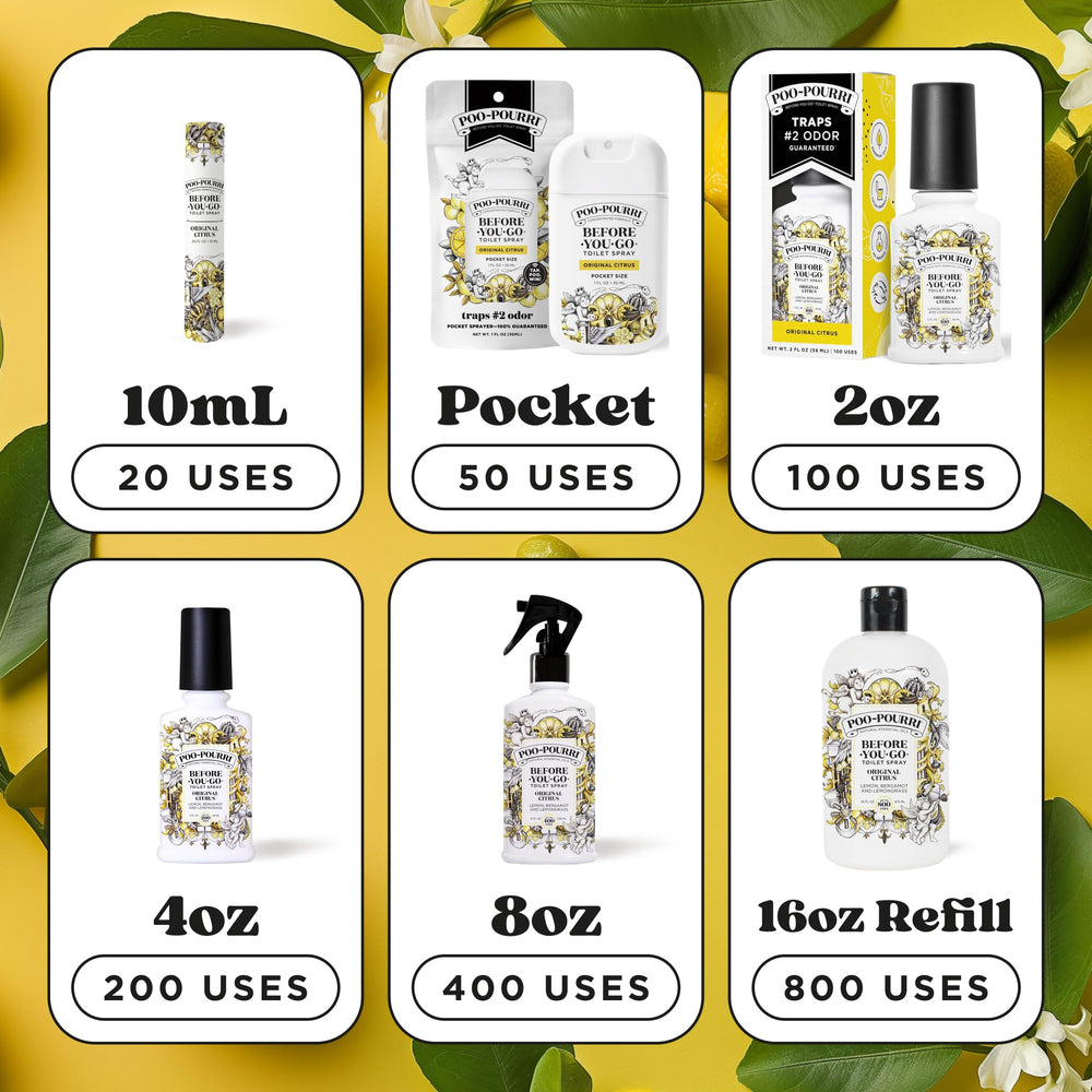 Poo-Pourri botella siendo recargada enfatizando reutilizable y sostenible