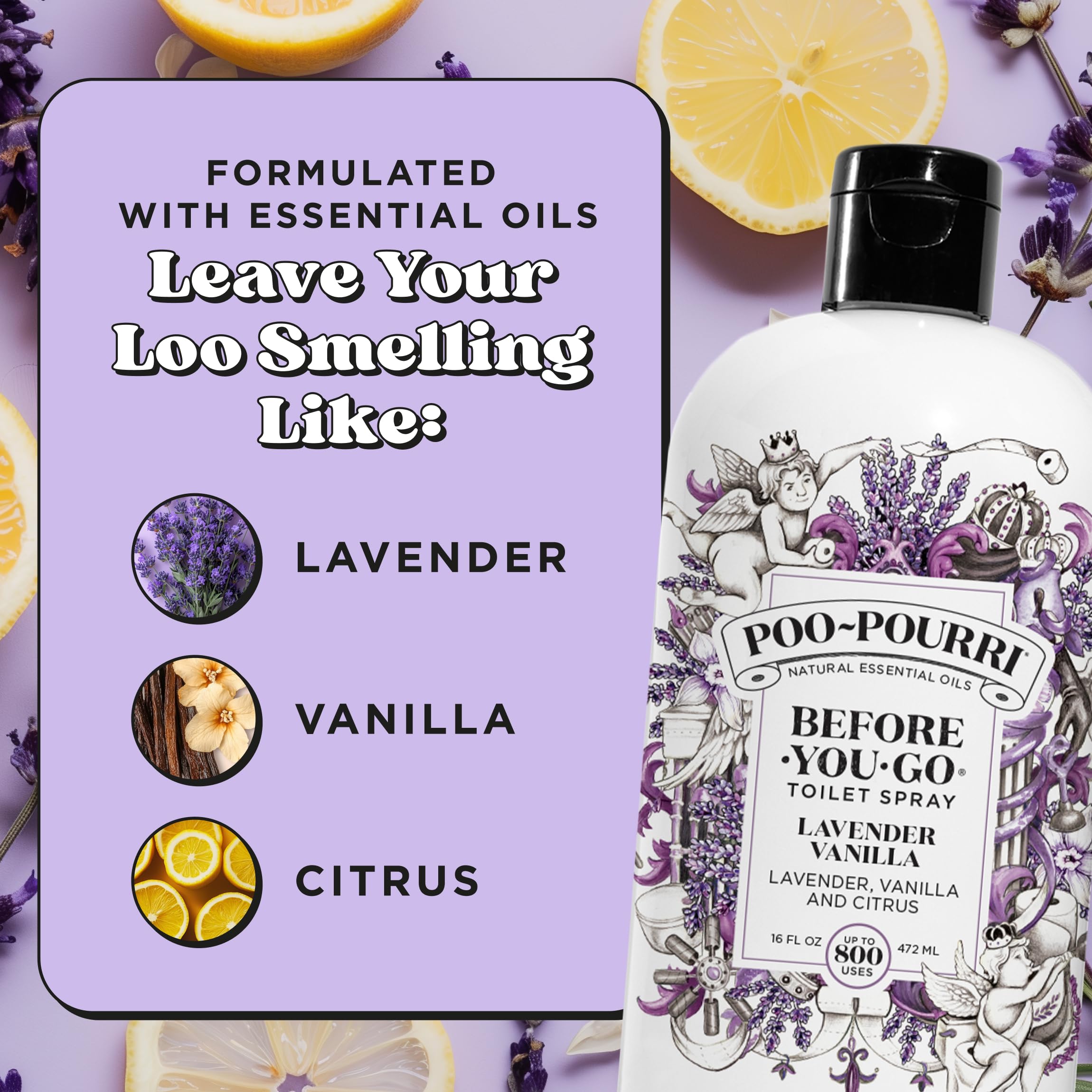 Poo-Pourri recarga junto a objetos para comparar tamaño y ver la capacidad 16 fl oz