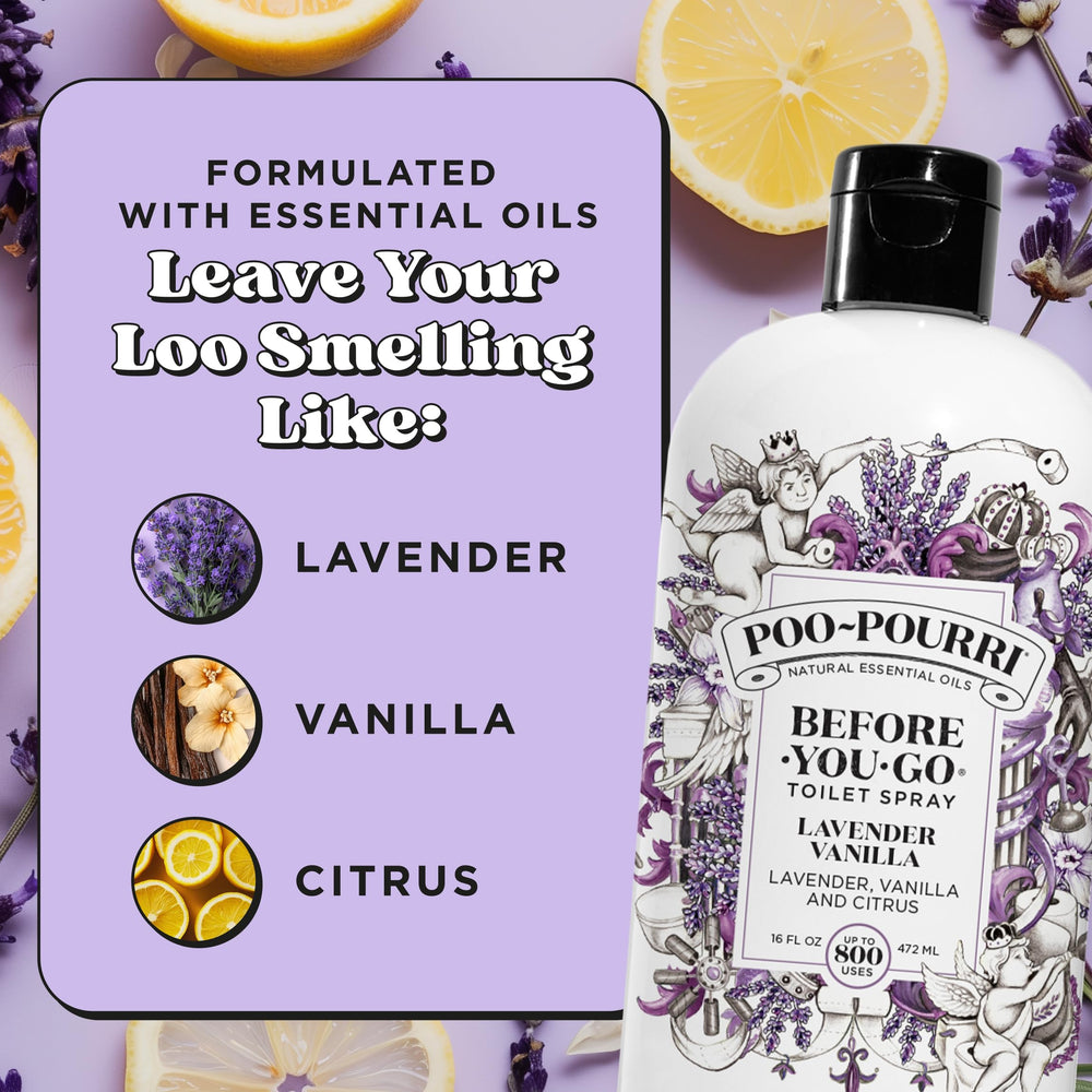 Poo-Pourri recarga junto a objetos para comparar tamaño y ver la capacidad 16 fl oz