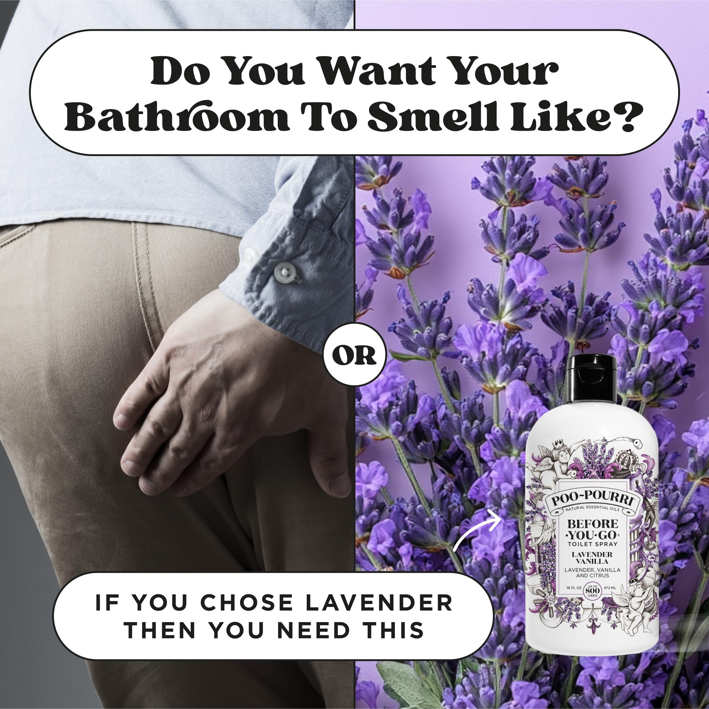 Poo-Pourri vertiendo recarga en pulverizador demostrando facilidad de rellenado