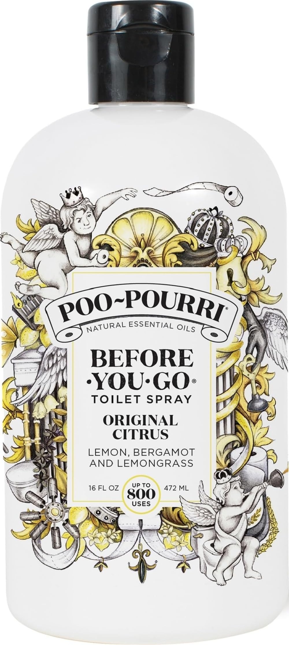 Poo-Pourri botella recarga frontal mostrando volumen y etiqueta clara
