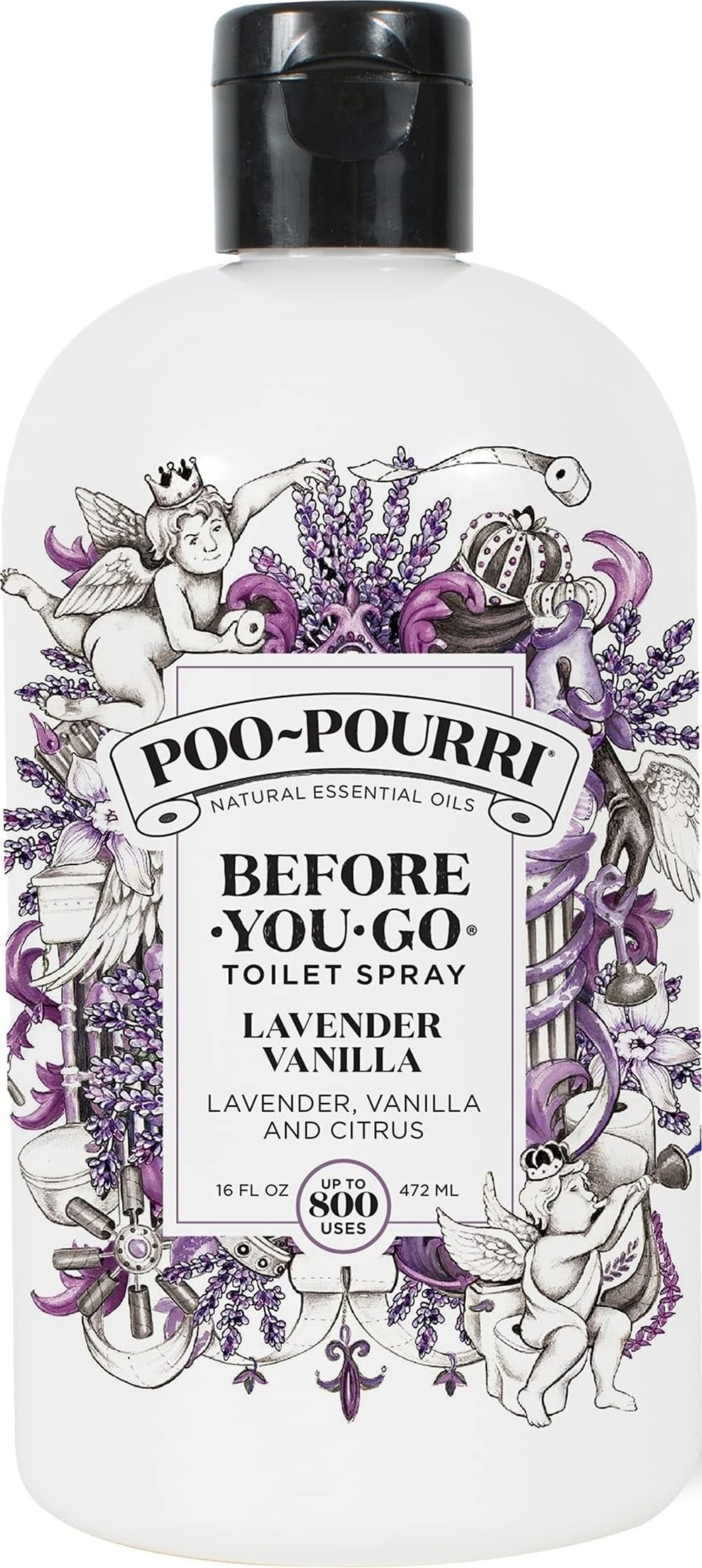 Poo-Pourri recarga frontal mostrando el envase y capacidad para muchas aplicaciones