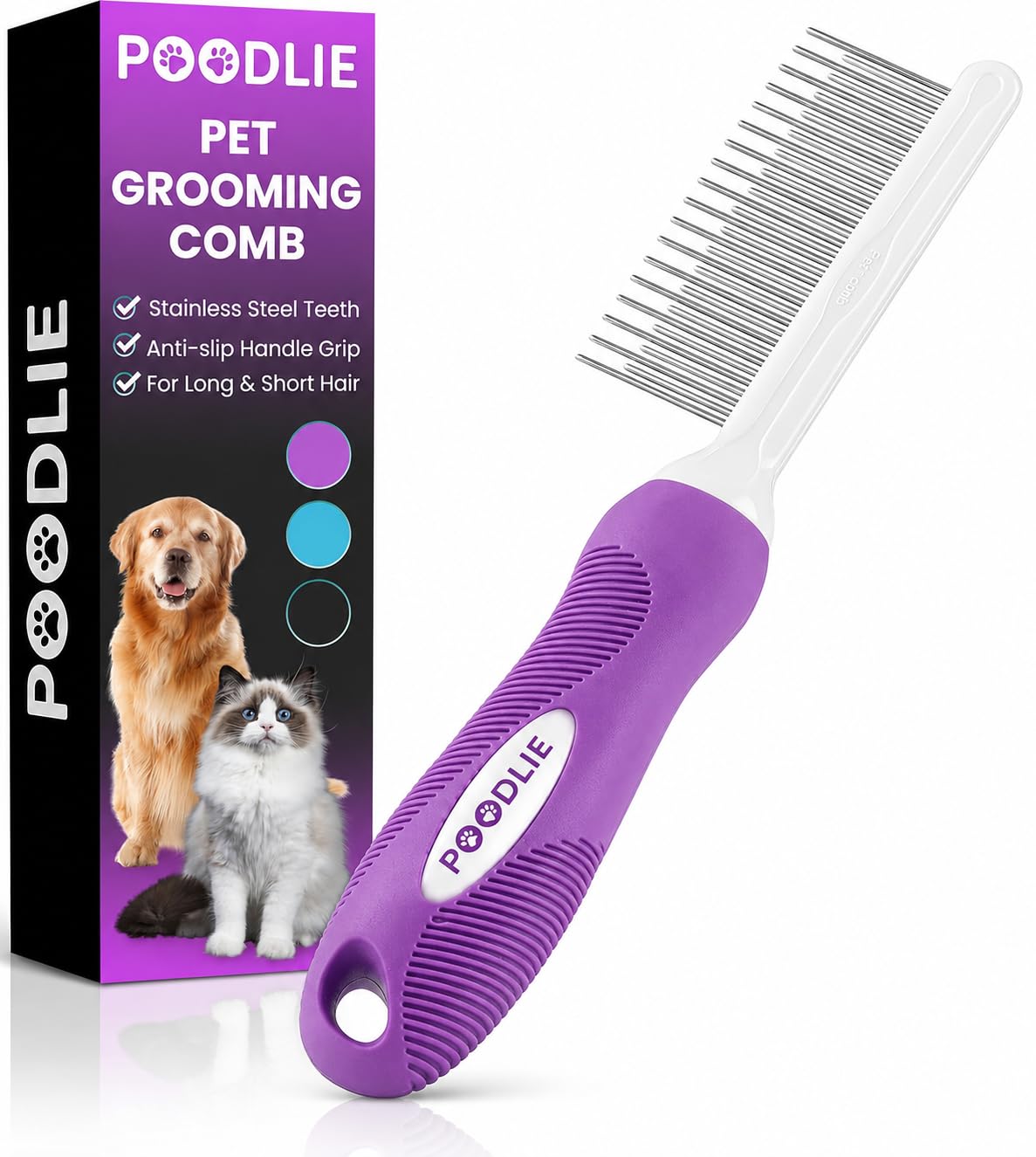 POODLIE vista frontal del peine mostrando diseño y doble longitud