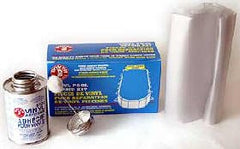 Pool Liner Repair vista frontal del kit con adhesivo y parches, reparación rápida y portátil