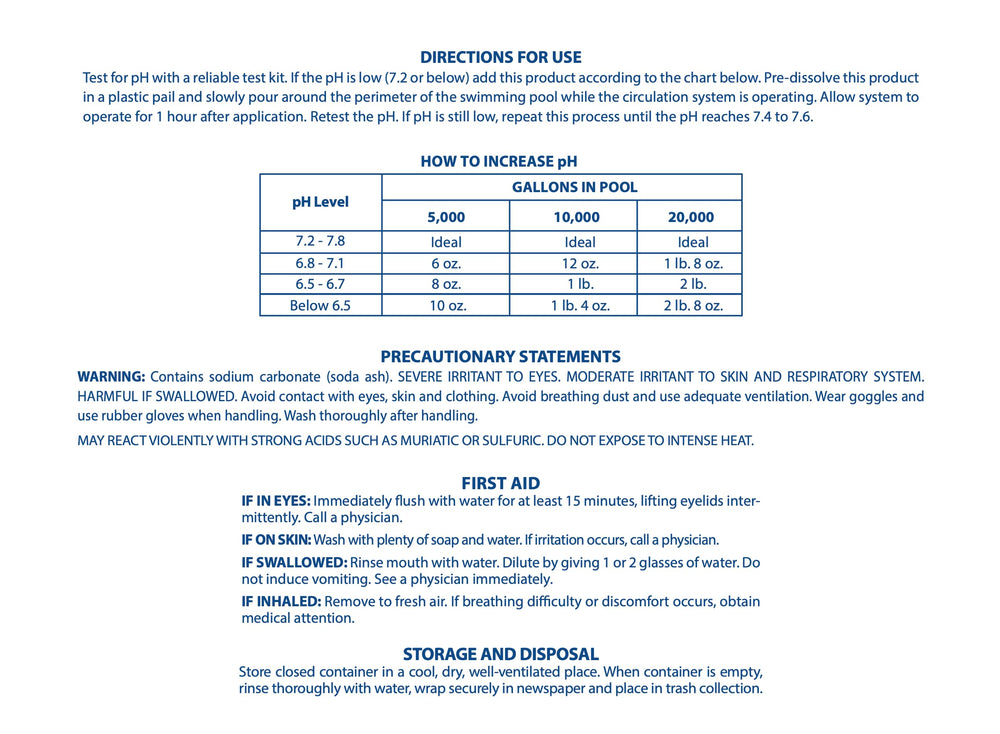 Pool Mate label and dosing chart close-up for accurate pool pH adjustments