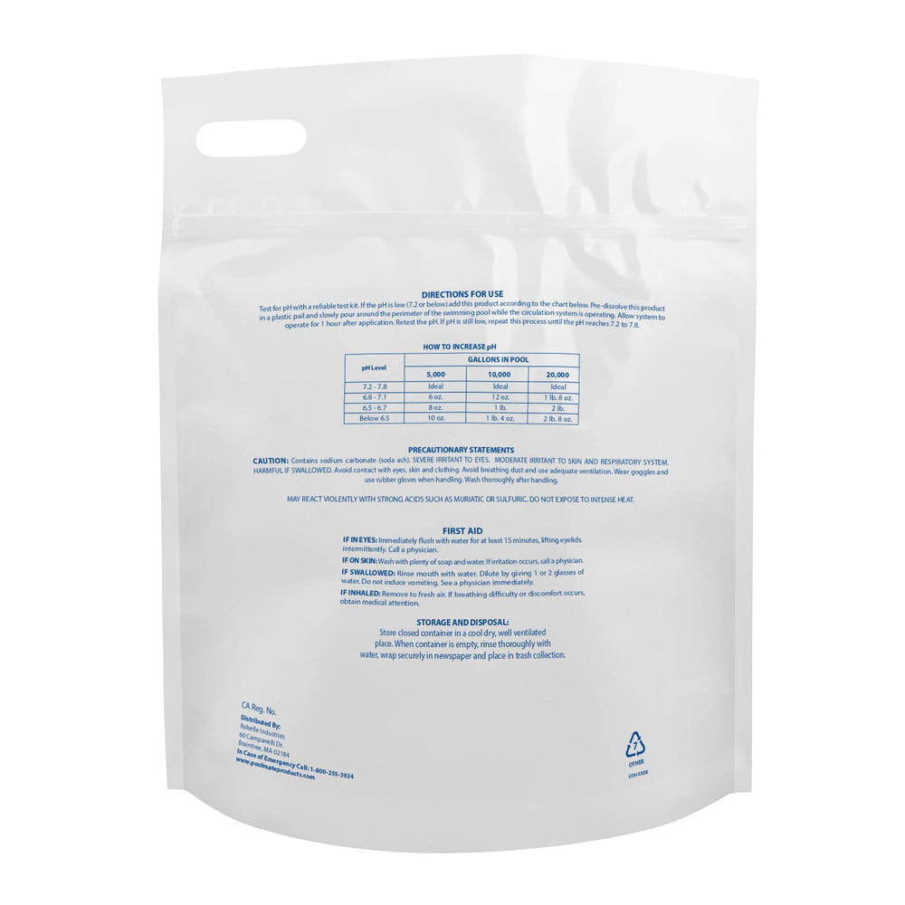 Close-up of Pool Mate sodium carbonate powder texture for easy dissolving