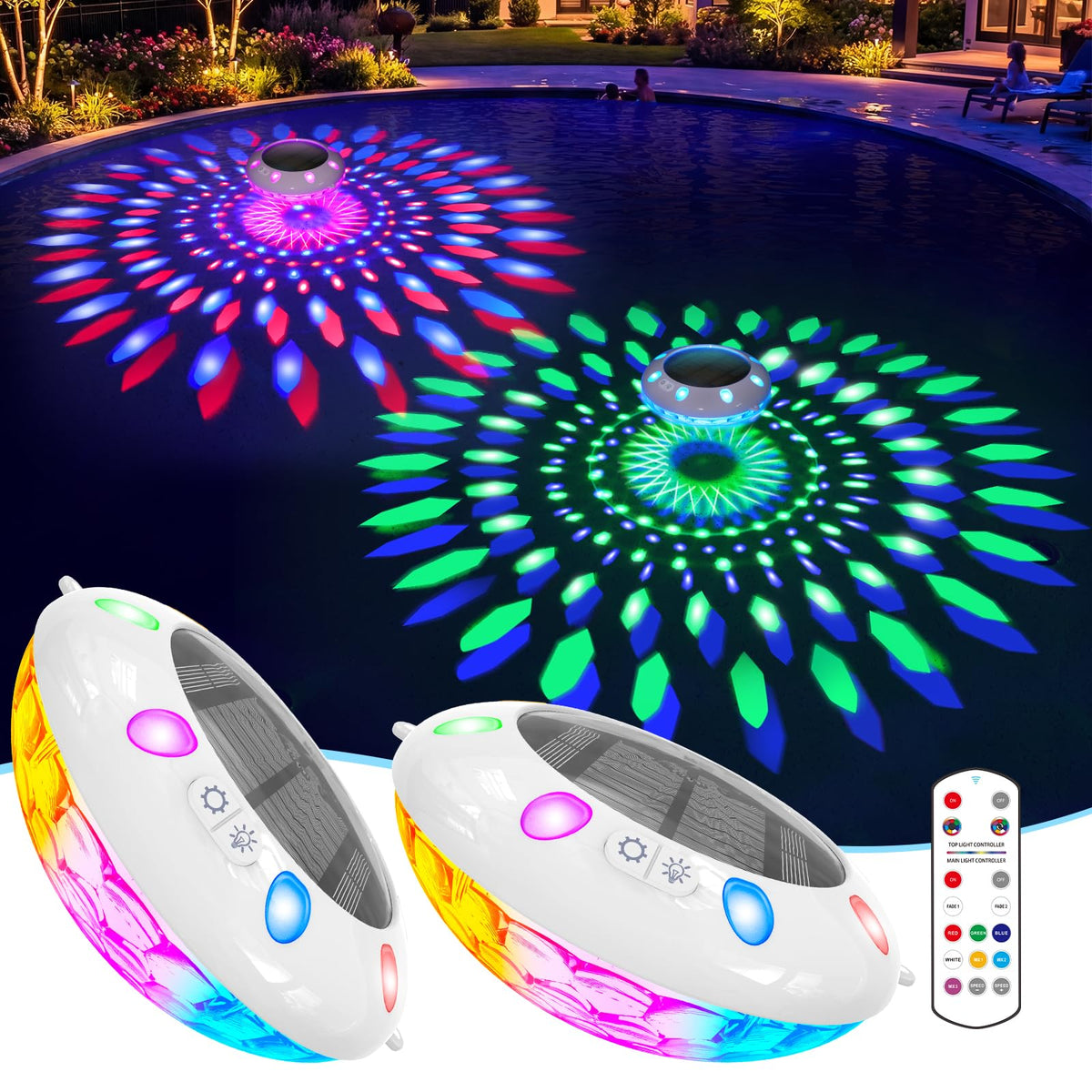 Pooldecor vista frontal de la luz flotante mostrando forma y colores vibrantes