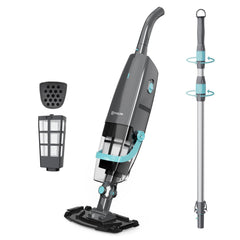 PoolMr front view of cordless vacuum showing compact design and easy grip benefit