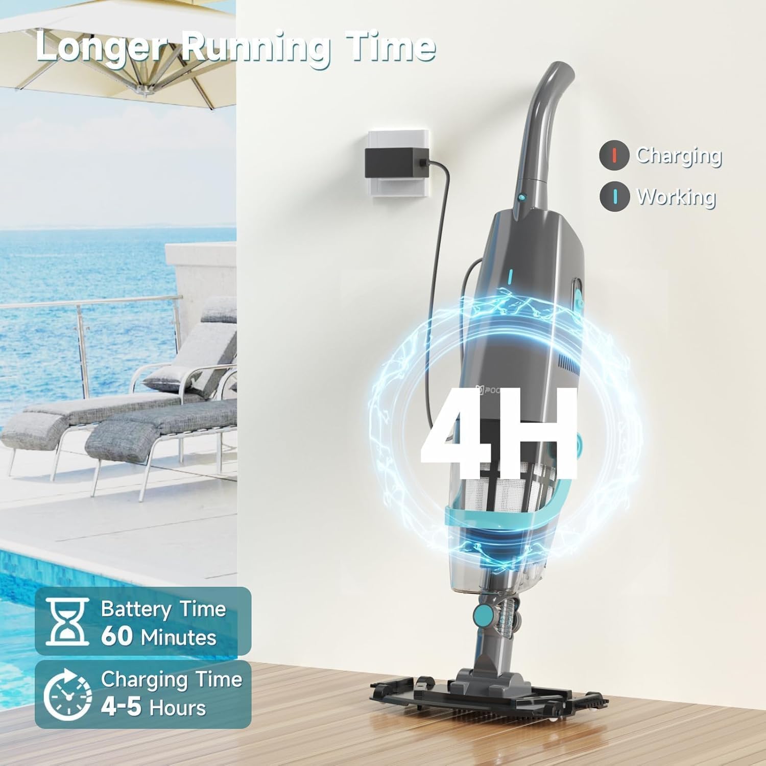 PoolMr handheld beside hand showing scale and lightweight 9.03 lb portability