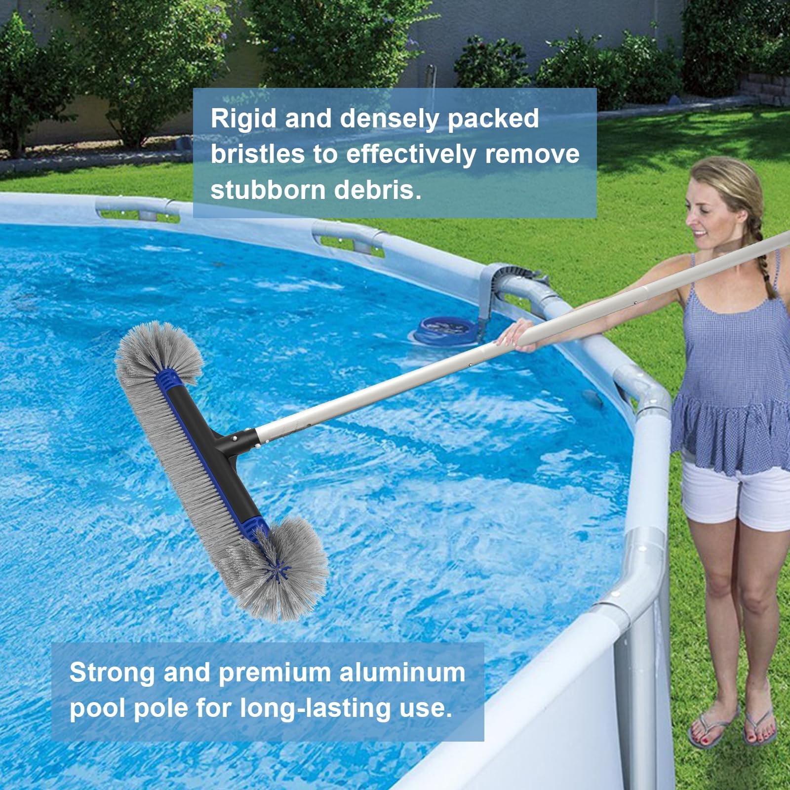 Poolvio uso en piscina barriendo y recogiendo residuos para mantenimiento regular