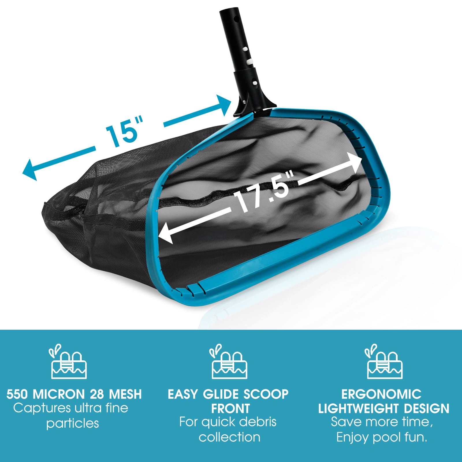 POOLWHALE rastrillo en uso limpiando hojas para mantenimiento rápido