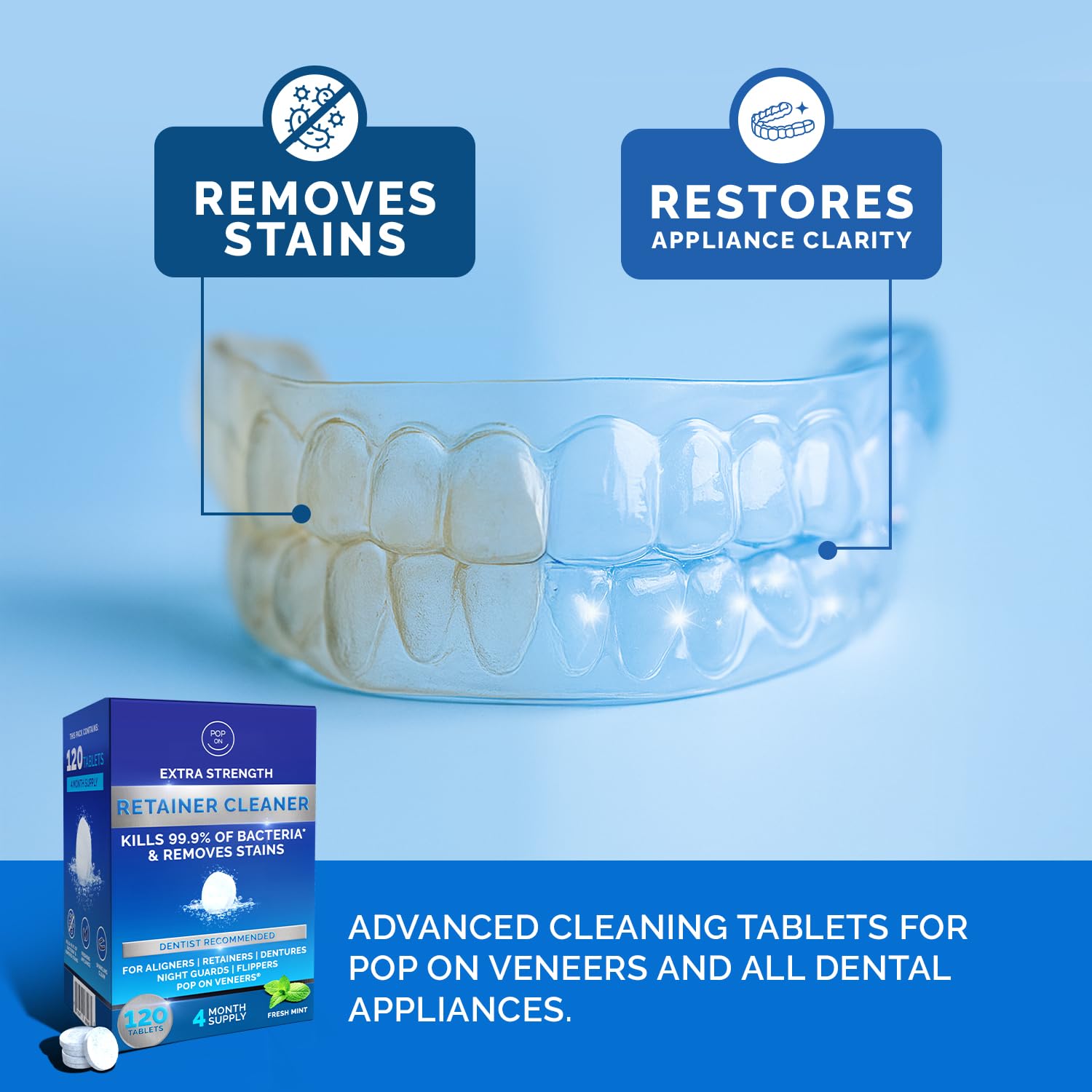 POP ON VENEERS efervescencia en vaso de agua mostrando acción de limpieza rápida