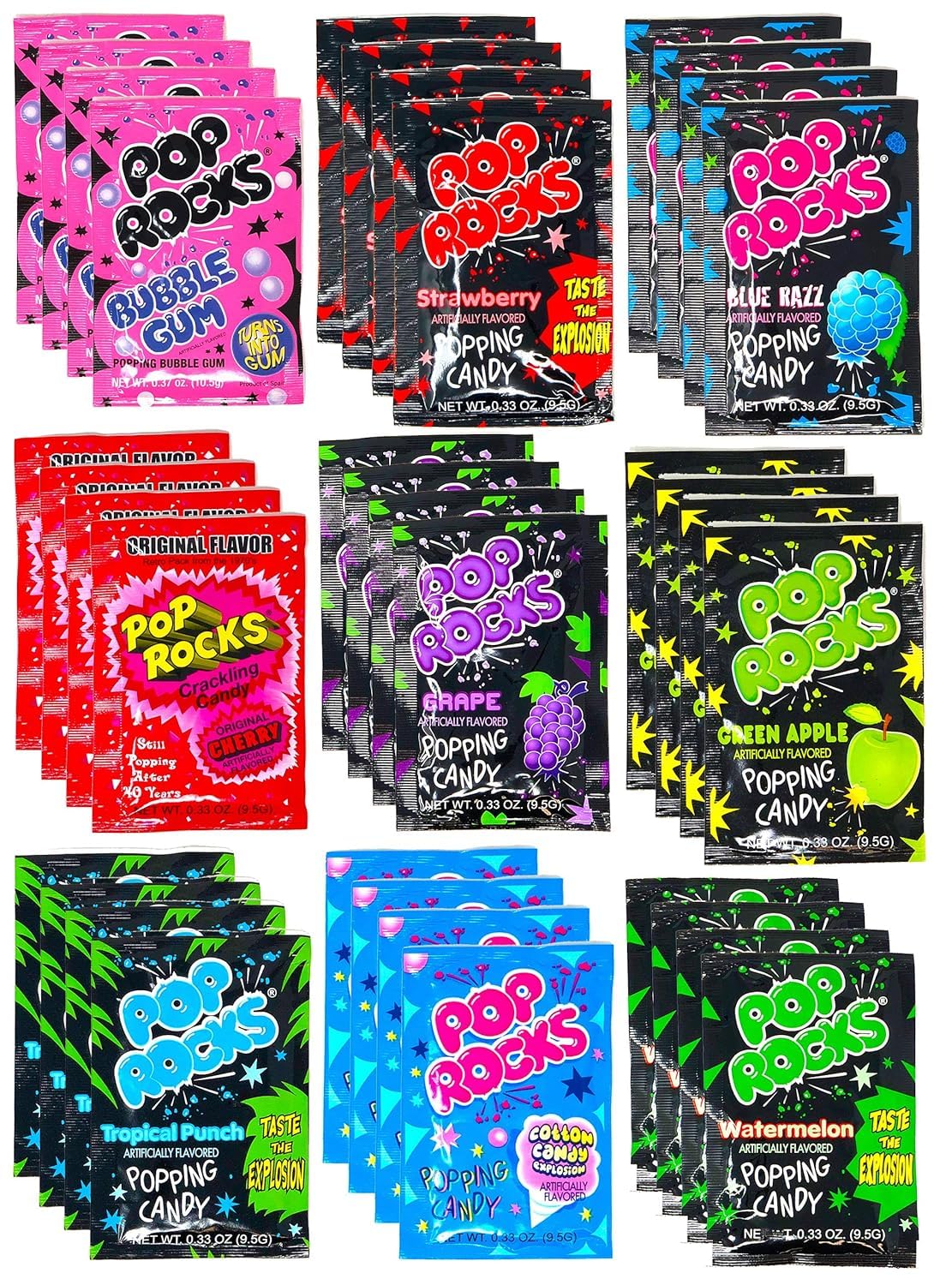 Pop Rocks frente del empaque mostrando variedad y conveniencia