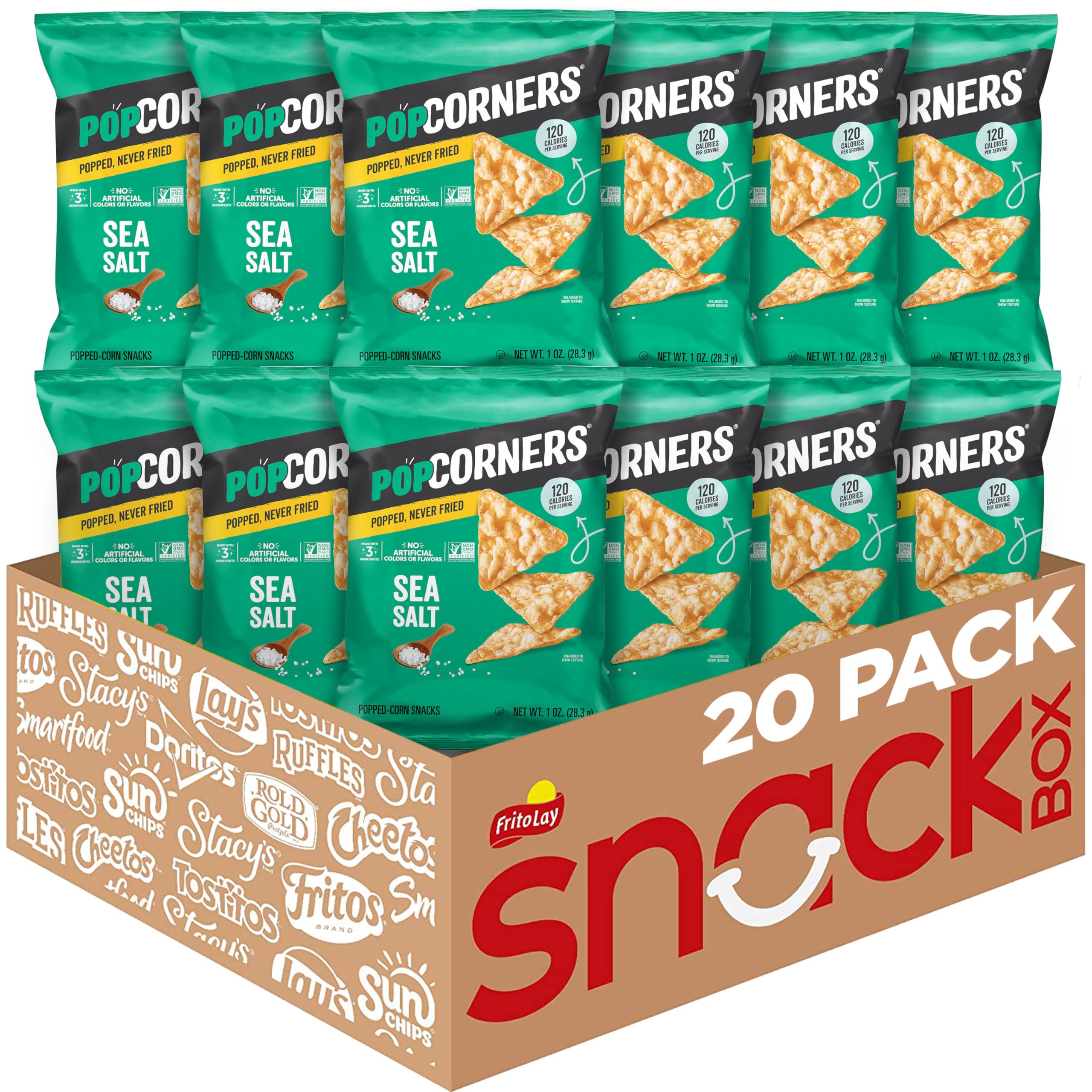 PopCorners empaque frontal mostrando 20 bolsitas, práctico y portátil
