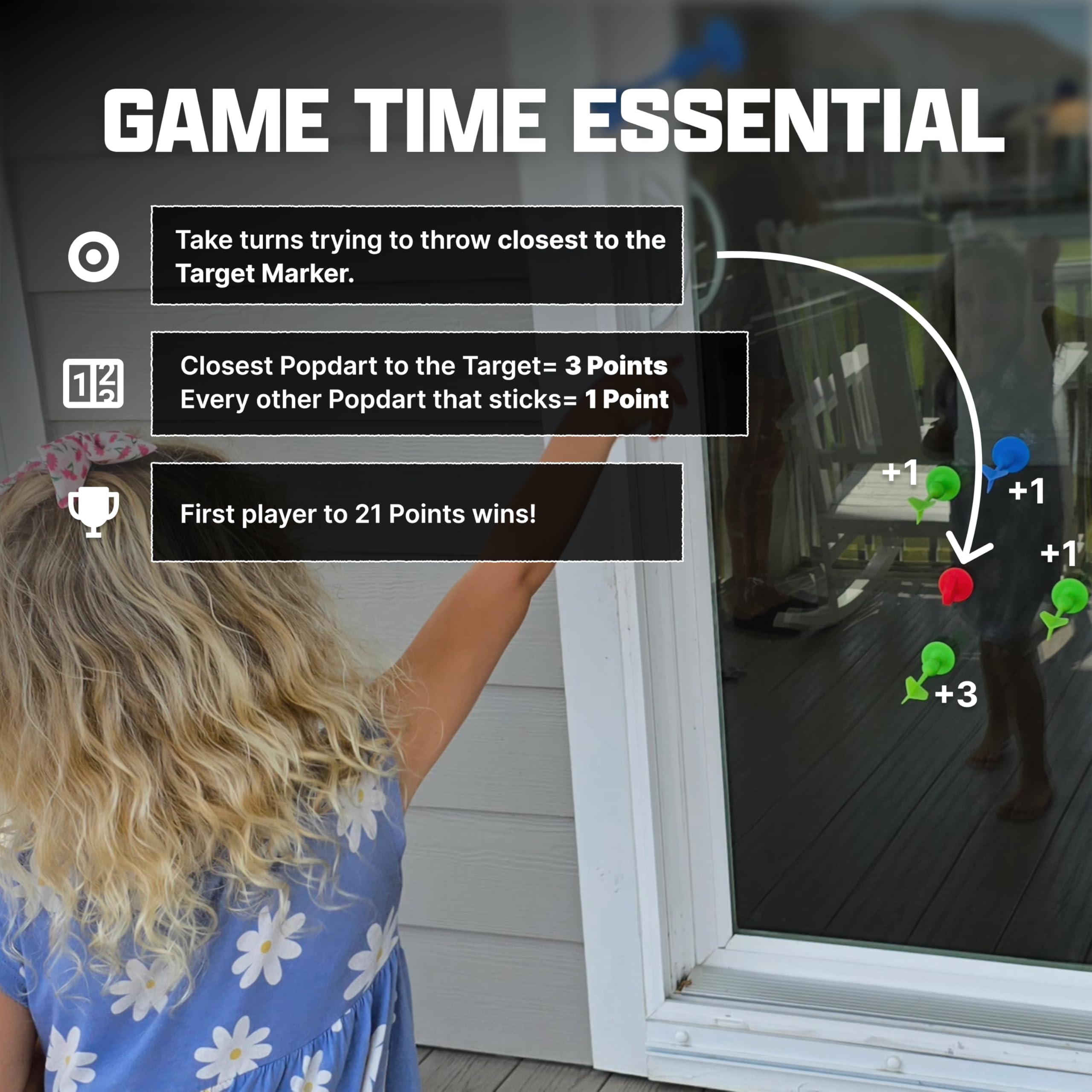 Partida de Popdarts en la playa, juego exterior sin residuos ni adhesivos