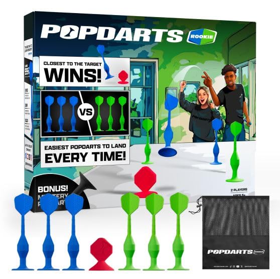 Popdarts paquete frontal mostrando dardos y marcador, ideal para partidas rápidas