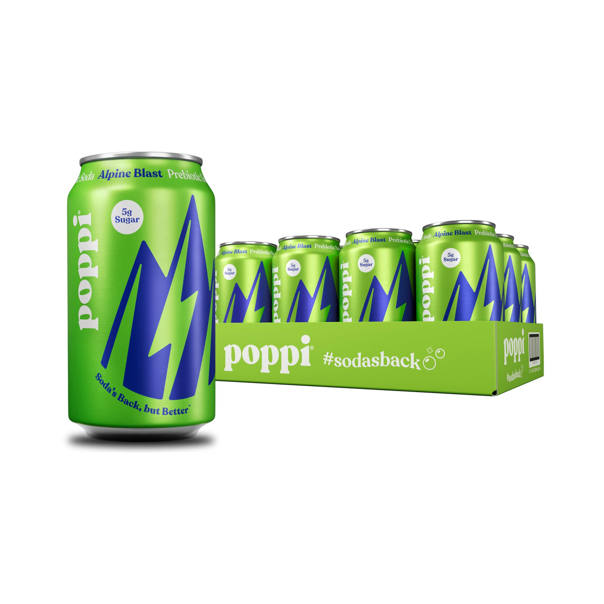 poppi lata Alpine Blast frente del empaque mostrando diseño vibrante y atractivo