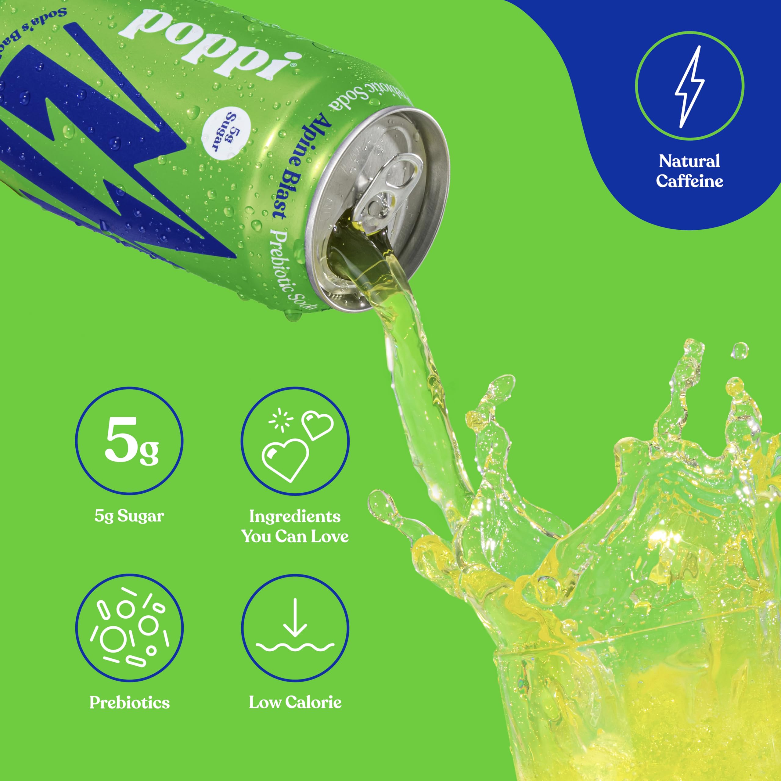 poppi lata Alpine Blast abierta vertida en vaso, ideal como mezclador