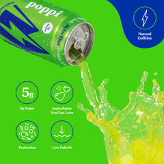 poppi lata Alpine Blast abierta vertida en vaso, ideal como mezclador