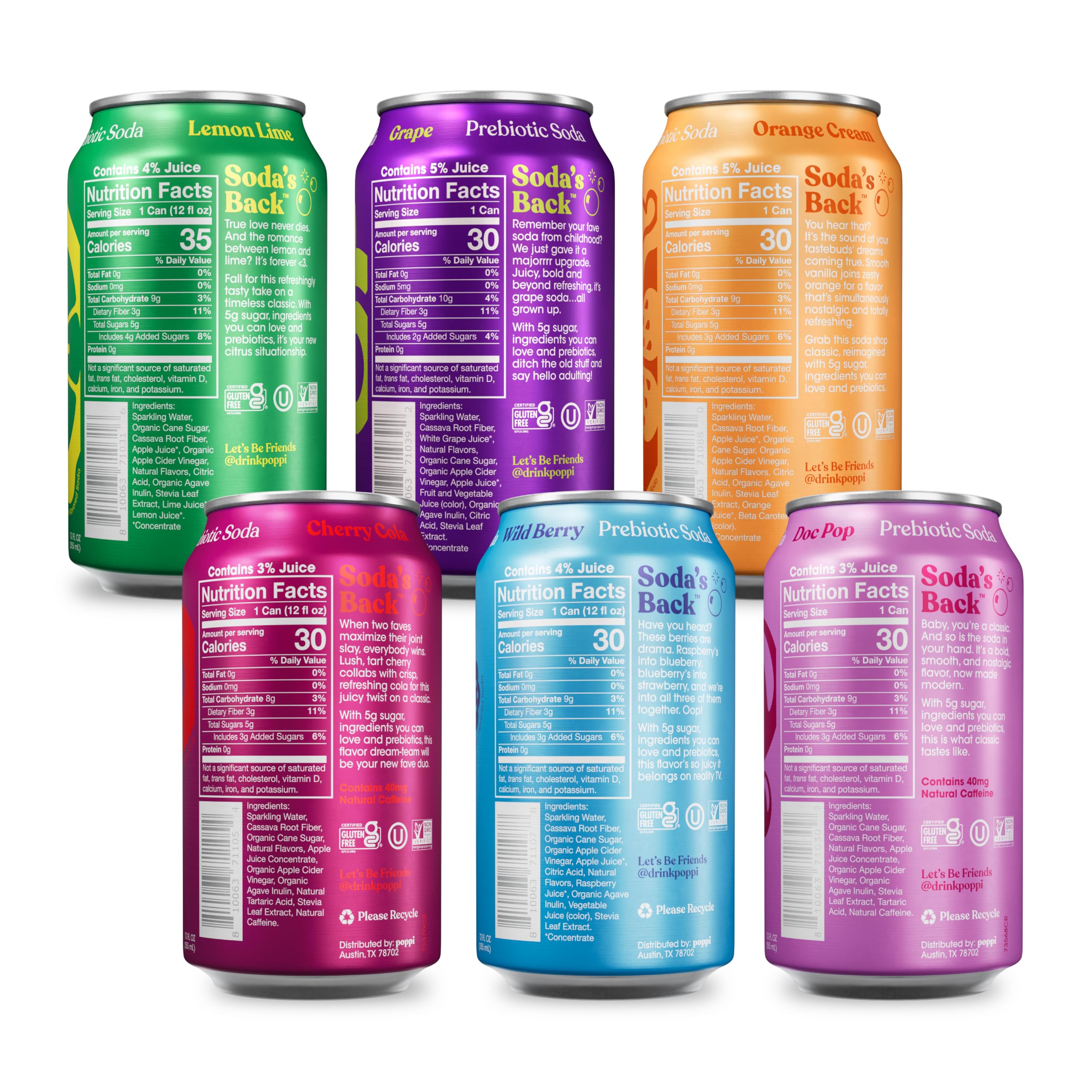 poppi close-up of can label and texture, shows prebiotic ingredients and benefits