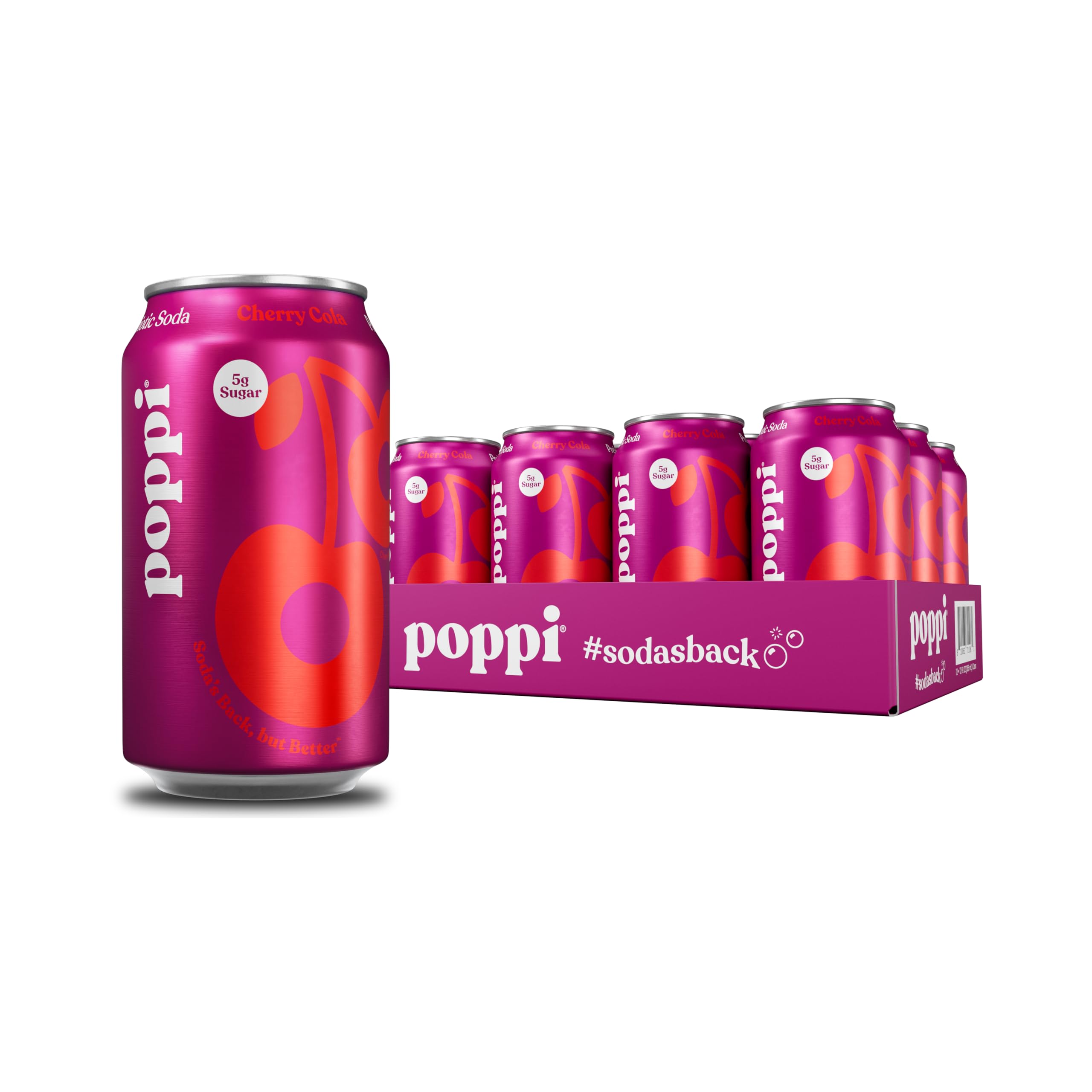 Poppi lata frente mostrando etiqueta Cherry Cola y beneficios de sabor