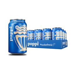 poppi lata cream soda pack 12 vista frontal y diseño brillante que destaca la marca