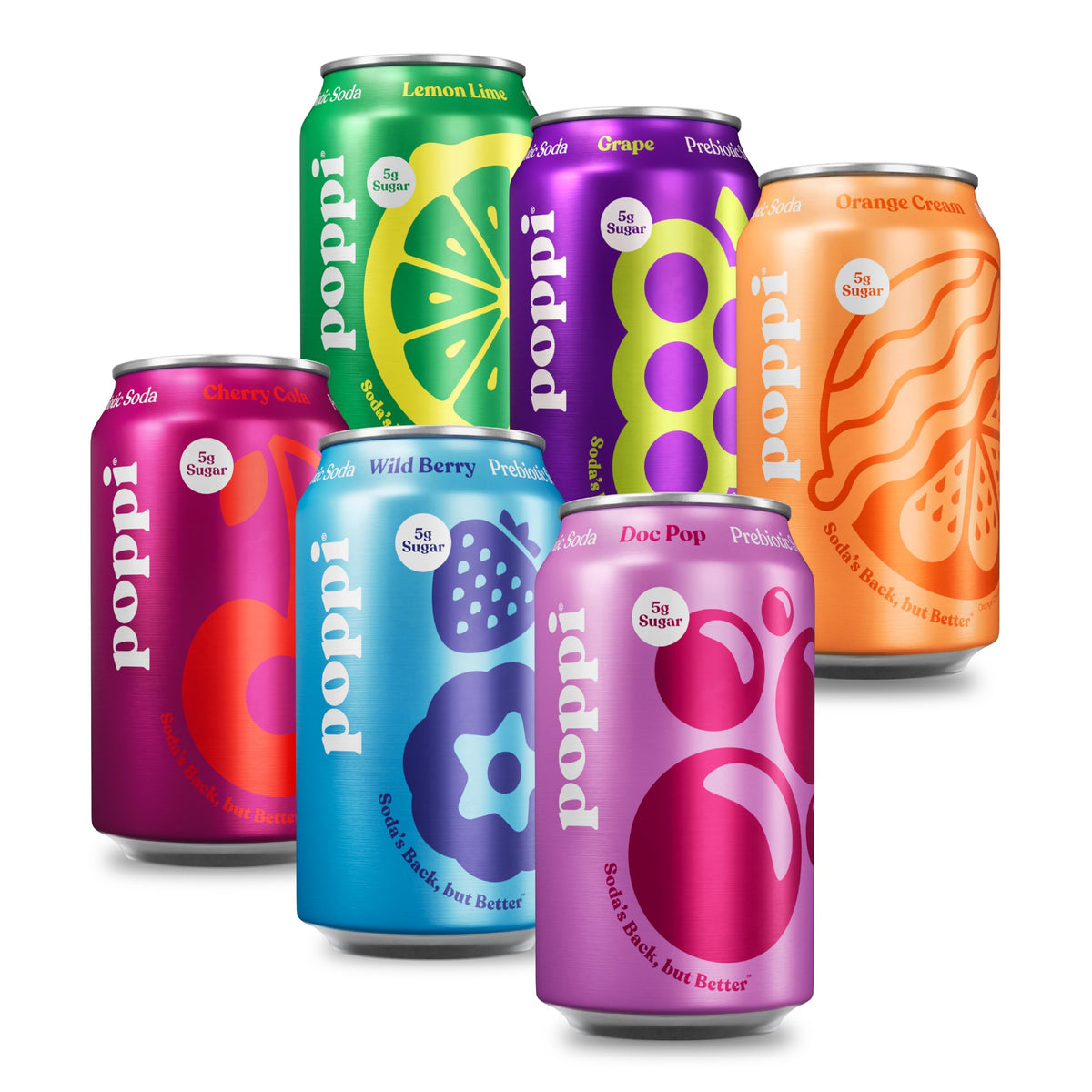 poppi front packaging showing all 12 cans and vibrant branding, highlights convenience