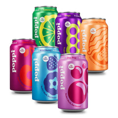 poppi front packaging showing all 12 cans and vibrant branding, highlights convenience