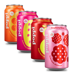 poppi front packaging short list shows 12-pack and variety, brand refreshment appeal