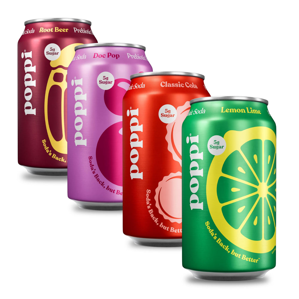 poppi pack frontal mostrando las 12 latas y variedad de sabores, atractivo inmediato
