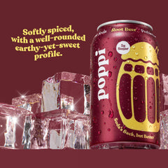 Poppi root beer lata sostenida en mano para mostrar tamaño práctico