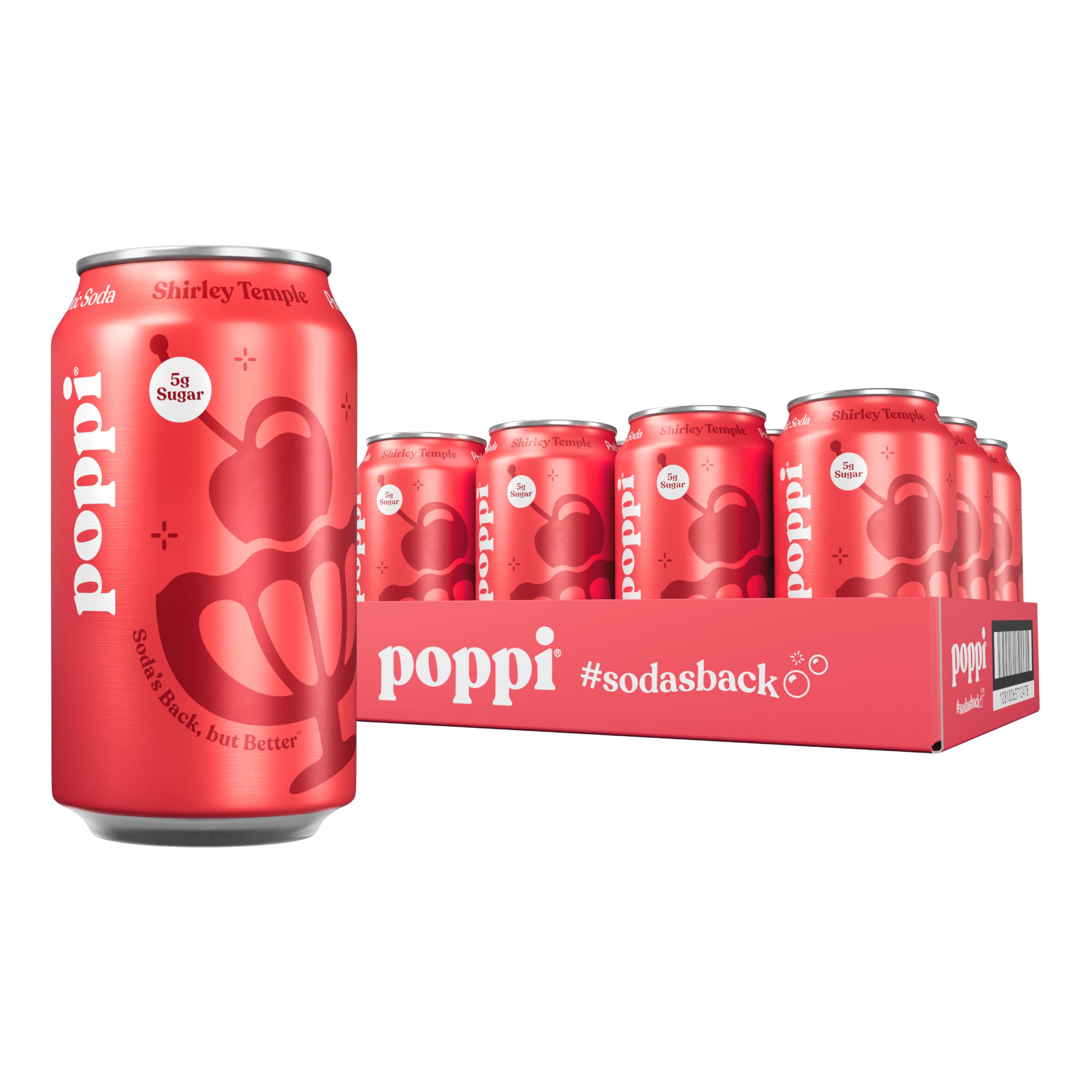poppi lata frente del pack mostrando diseño y sabor Shirley Temple beneficios refrescante