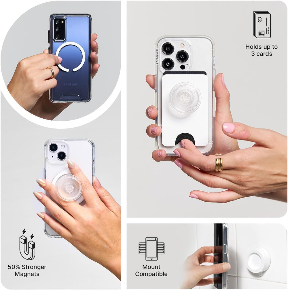 PopSockets acoplado a funda MagSafe, marca PopSockets, demuestra compatibilidad y diseño elegante