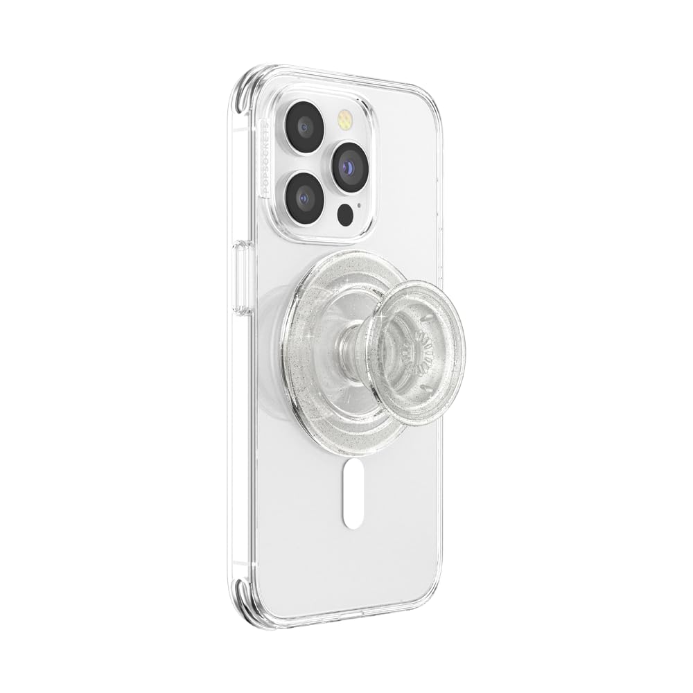 PopSockets agarre MagSafe frontal mostrando diseño Clear Glitter y sujeción segura