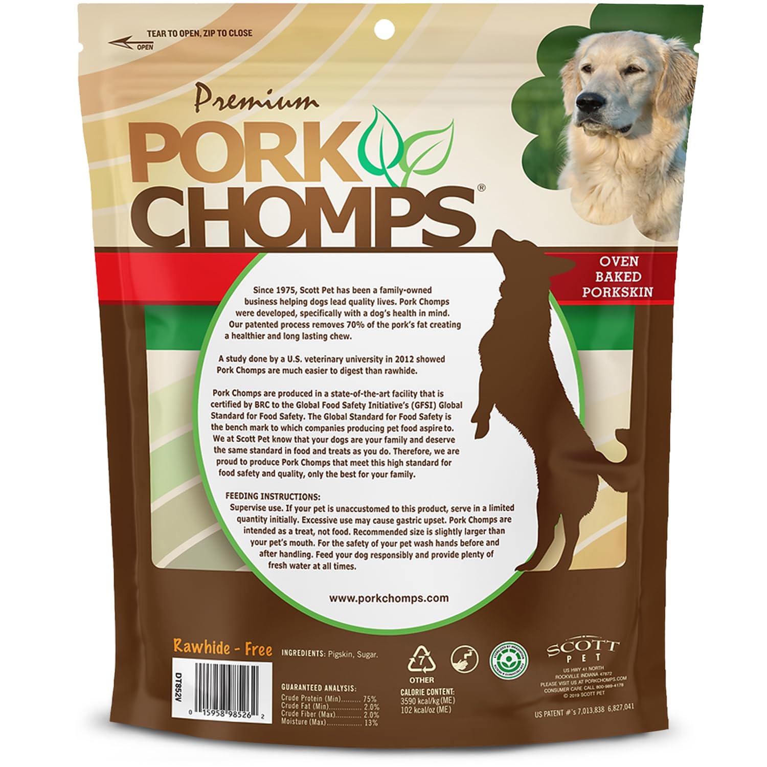 Pork Chomps bolsa resellable abierta mantiene frescura de rollos