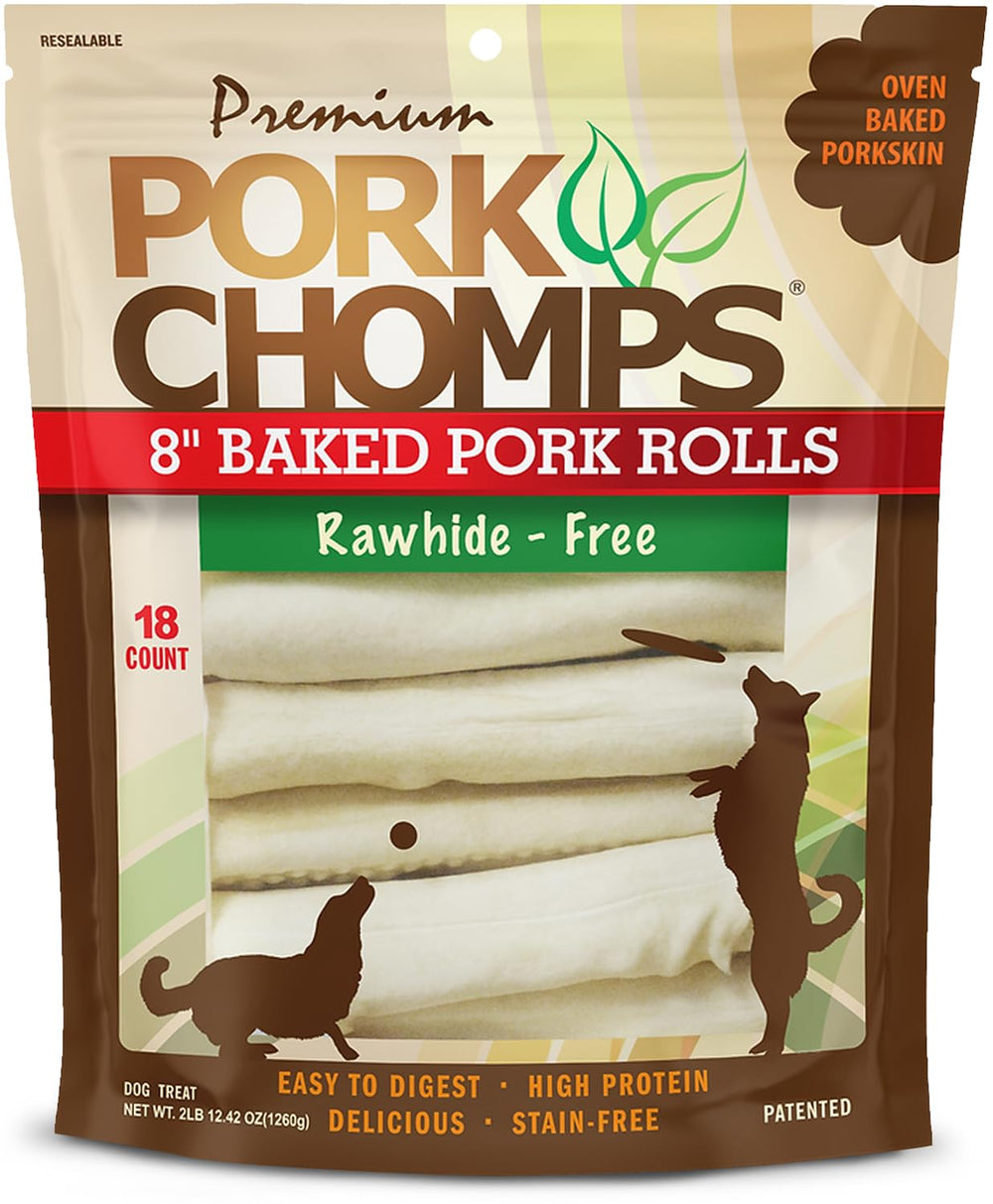 Pork Chomps empaque frontal mostrando 18 rollos y durabilidad