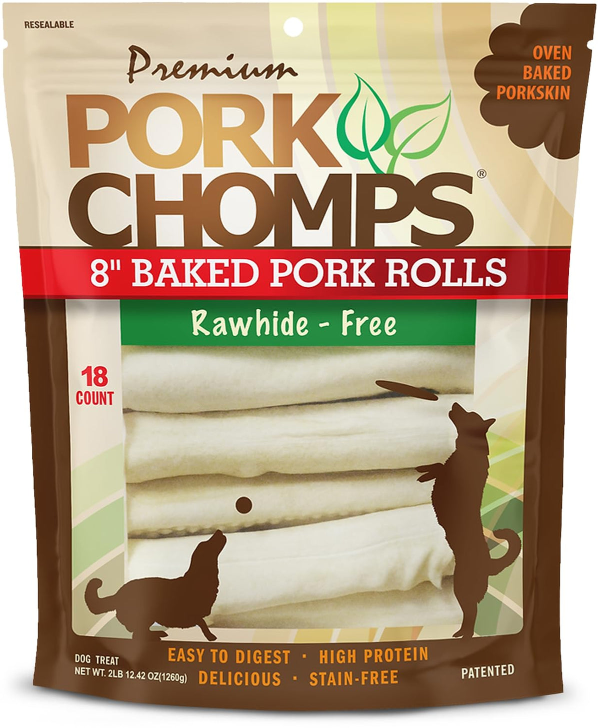 Pork Chomps empaque frontal mostrando 18 rollos y durabilidad