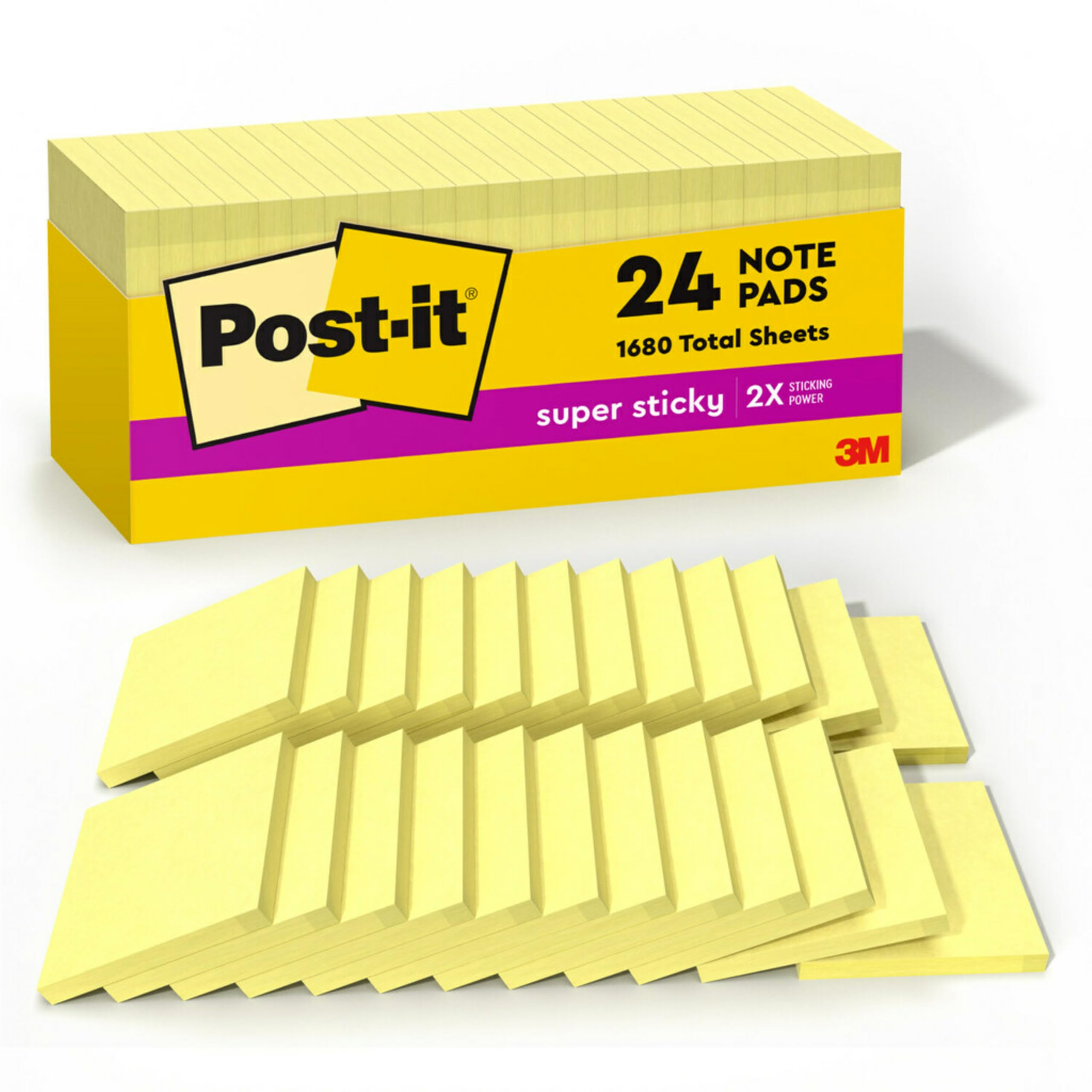 Post-it canary yellow front packaging showing 24 pads and branding benefit: reliable supply