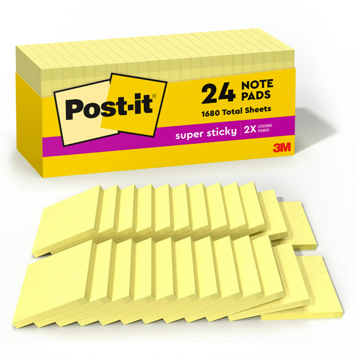 Post-it canary yellow front packaging showing 24 pads and branding benefit: reliable supply