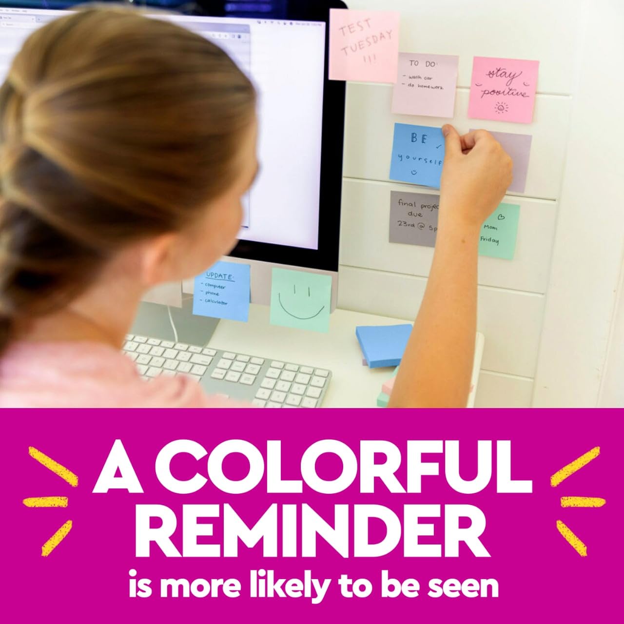 Post-it tres colores Pink Salt Orchid Frost Fresh Mint mostrando codificación y estética